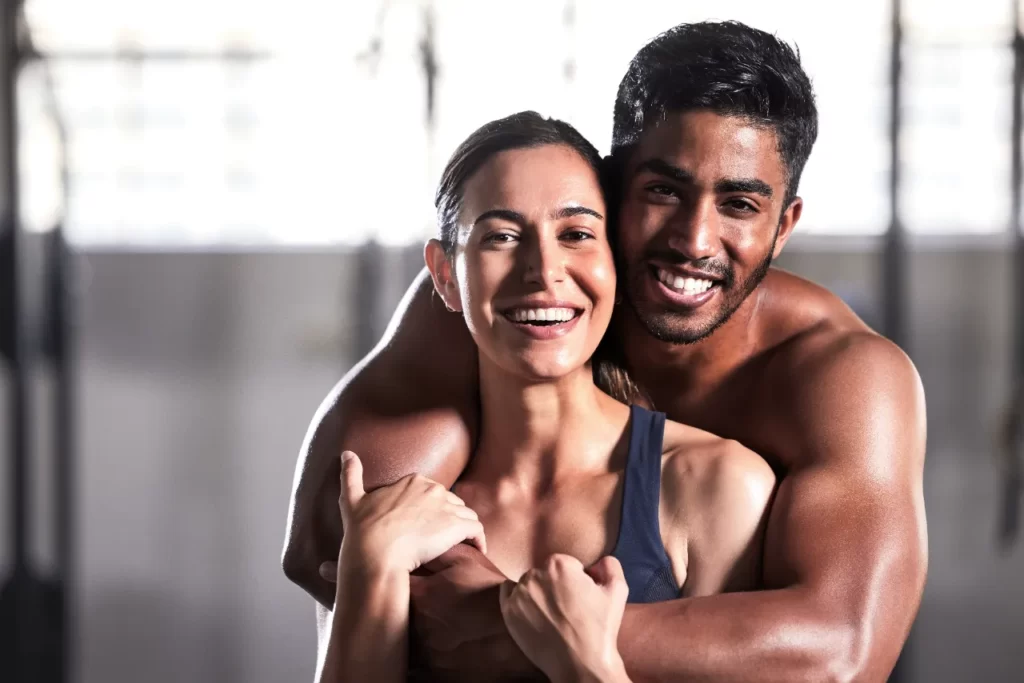 muscular strong and sensual couple with fit heal utc